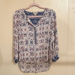 Lucky Brand Boho Floral Blouse Small Blue Lightweight Peasant Top